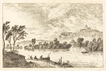 Paysage fluvial avec personnages et bateau au bord de l