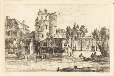 Ville sur une rive avec deux tours rondes