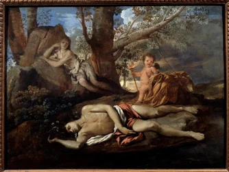 Écho et Narcisse, illustration de la légende qui inspira Ovide dans « Les Métamorphoses ». Peinture, XVIIe siècle. Dimensions : 0,74 x 1 m, Paris