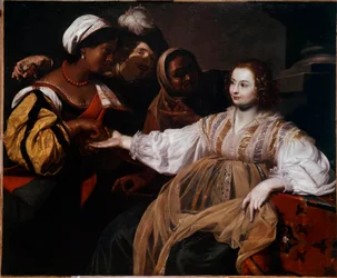 La diseuse de bonne aventure Une femme est venue consulter une chiromancienne. Peinture de Nicolas Régnier (1591-1667) Dim. 1,2x1,5 m