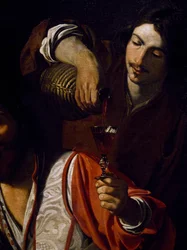 Serviteur versant du vin, détail de la Rencontre des buveurs, par Nicolas Tournier