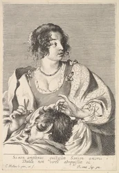 Dalila se préparant à couper les cheveux de Samson avec des ciseaux dans sa main droite