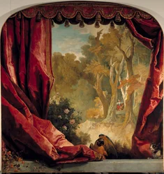 Composition décorative avec rideaux, paysage et animaux