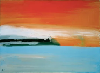 Chemin de fer au bord de la mer, soleil couchant