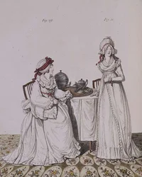 Deux dames au petit déjeuner dans leur chambre, portant des bonnets de nuit et des peignoirs, de `Galerie de la mode