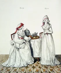 Deux dames au petit-déjeuner dans leur salle de toilette, portant des bonnets de nuit et des peignoirs, de la 