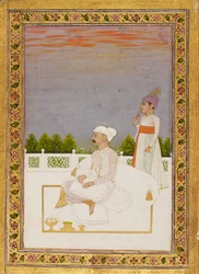 Noble, possiblement Mir Qasim, assis sur une terrasse avec un assistant, 18e siècle