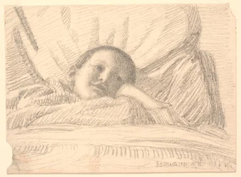 Enfant (petite fille ?) allongée dans le lit