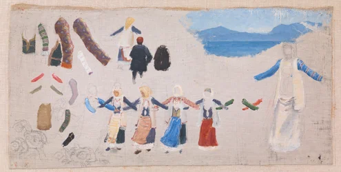 Femmes dansantes, détails de costumes et un paysage