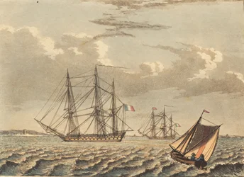 Navires de guerre français au mouillage, et un bateau traversant