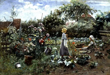 Dans le jardin potager. Deux jeunes filles discutent dans un jardin potager. L