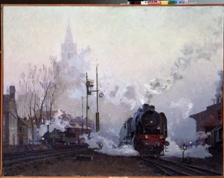 Sur la route. Les locomotives à vapeur noient le paysage urbain dans la fumée de leurs cheminées. Peinture de Nikolai Dmitryevich Kuznetsov (1923-1974), huile sur toile