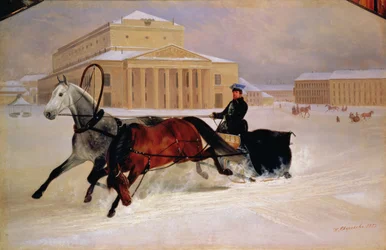 Paire de poteaux avec un cheval de trait au Théâtre Bolchoï à Moscou, 1852
