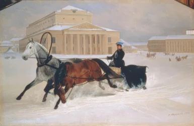 Traîneau à cheval devant le Théâtre Bolchoï à Moscou