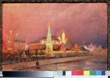 Illumination du Kremlin de Moscou. Paysage urbain, avec des drapeaux russes et la foule rassemblée sur les quais le long de la Moskova, 1856-1900, 1896. Art russe
