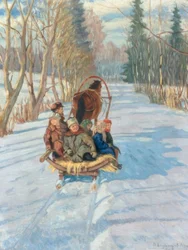 Enfants sur un traîneau tiré par un cheval