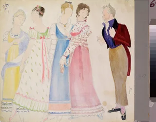 Costumes préparatoires, un homme et quatre jeunes femmes, pour l