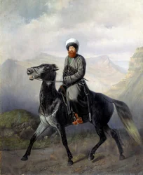 Portrait équestre de Chamil (Imam Chamil, Shamil) (1797-1871), chef des tribus musulmanes du Caucase nord