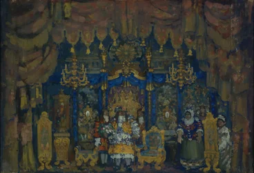 La chambre de Jourdain. Décor de scène pour la pièce de théâtre Le Bourgeois gentilhomme de J.-B. Molière, 1911