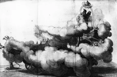 Un carrosse tiré par des griffons et conduit par Carlo di Lorenzo, dessiné par Carlo Pasetti, gravure de Gerhart Bouttats