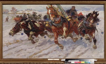 Troïka (traîneau avec attelage de trois chevaux). Peinture de Nikolai Semyonovich Samokish (1860-1944), huile sur toile