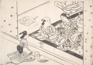 Dame jouant du shamisen, avec son amant et une servante à proximité