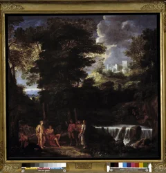 Marsyas jouant de la flûte devant Apollon et Midas