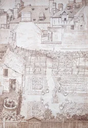 Un jardin de maison de ville, avec des parterres et une pergola de vigne, entouré de bâtiments, vers 1677