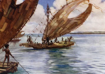 Grandes pirogues de commerce, Nouvelle-Guinée britannique (lithographie en couleur)