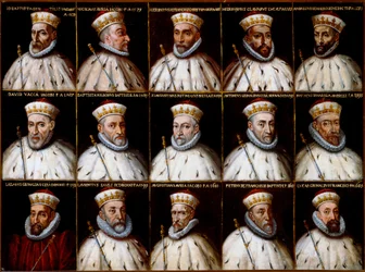 Armoiries de la République de Gênes et portraits des doges. Gio. Battista Gentile Pignolo, Nicolò Doria, Gerolamo De Franchi Toso, Gerolamo Chiavari, Ambrogio Di Negro, Davide Vacca (ou Vaccari), Battista Negrone, Gio Giustiniani Campi, Antonio Grimal