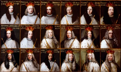 Armoiries de la République de Gênes et portraits des doges. Giovanni Battista Cattaneo, Francesco Invrea, Negrone Bendinelli, Francesco Maria Sauli, Girolamo De Mari, Federico De Franchi, Antonio Cebà Grimaldi, Onorato Stefano Ferreti, Domenico De Ma