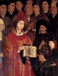 Polyptyque de Saint Vincent (Paineis de Sao Vicente de Fora). Portrait de Saint Vincent et Henri le Navigateur (1394-1460), Prince du Portugal. Peinture par Nuno Goncalves, peintre portugais du 15ème siècle. Musée National d
