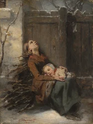 Mère morte démunie tenant son enfant endormi en hiver