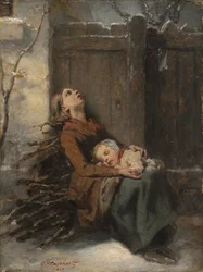 Mère morte démunie tenant son enfant endormi en hiver, vers 1850