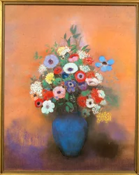 Anémones et lilas dans un vase bleu