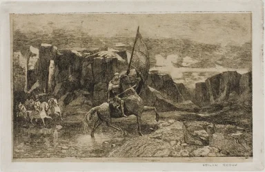 Porte-étendard traversant un ruisseau