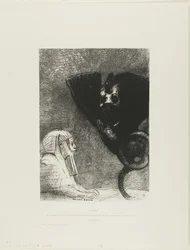 Le Sphinx : "...mon regard que rien ne peut détourner, traversant les objets, reste fixé sur un horizon inaccessible." La Chimère : "Quant à moi, je suis légère et joyeuse," planche 5 de À Gustave Flaubert