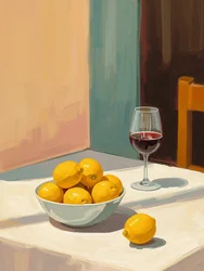 Nature morte aux citrons et verre de vin rouge