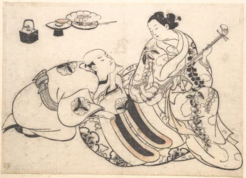 Un homme agenouillé, penché en avant et écoutant une oiran qui joue du shamisen