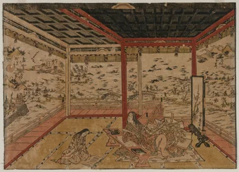 Lady Murasaki à Ishiyama surplombant un panorama avec sept vues du lac Biwa, années 1740