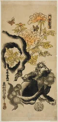 Lion et pivoines
