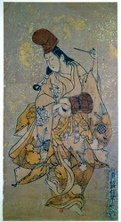 Musicienne. Femme jouant du tambour. Estampe japonaise par Okumura Masanobu
