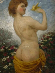 Femme nue avec un oiseau dans le vert