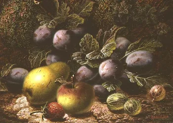 Nature morte avec prunes, groseilles, pomme, poire et fraise