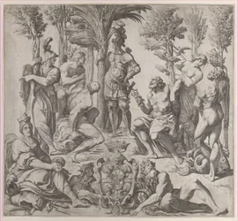 Composition allégorique avec six dieux olympiens autour d