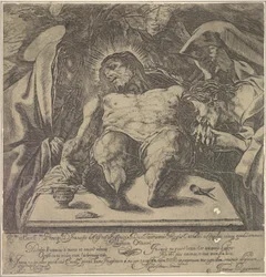Lamentation sur le corps du Christ par les trois Marie, un pot de pommade sur la table à..., 1615