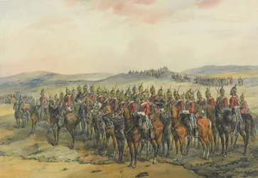 4e et 5e Dragons, ligne de dragons lourds avant la charge à Balaclava (encre et aquarelle sur papier)