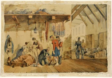 [Caserne] Hôpital de Scutari, scène avec des infirmières et des soldats du régiment des Highlands, 1854-56