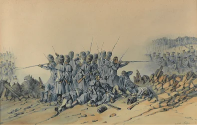 Dernière résistance des gardes à la redoute de sacs de sable