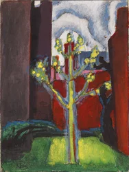 Jeune arbre dans une cour rouge, 1919